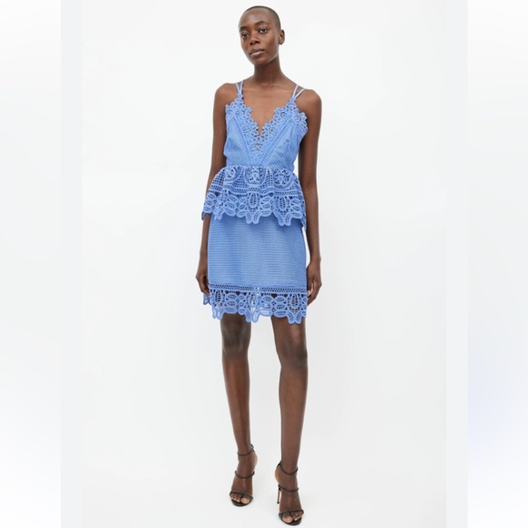 Self Portrait Lace Peplum Dress in Cornflower Blue Size 4 - Picture 3 of 8